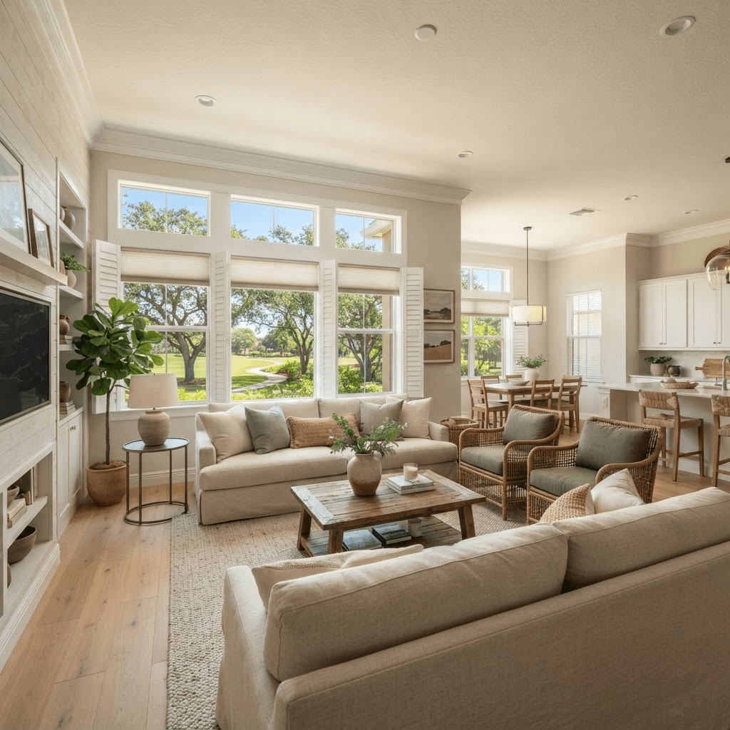 Comfortable living room in a gated Arbor Grande maintenance-free paired villa in Lakewood Ranch with windows facing mature trees and a park, dressed in plantation shutters and cellular shades
