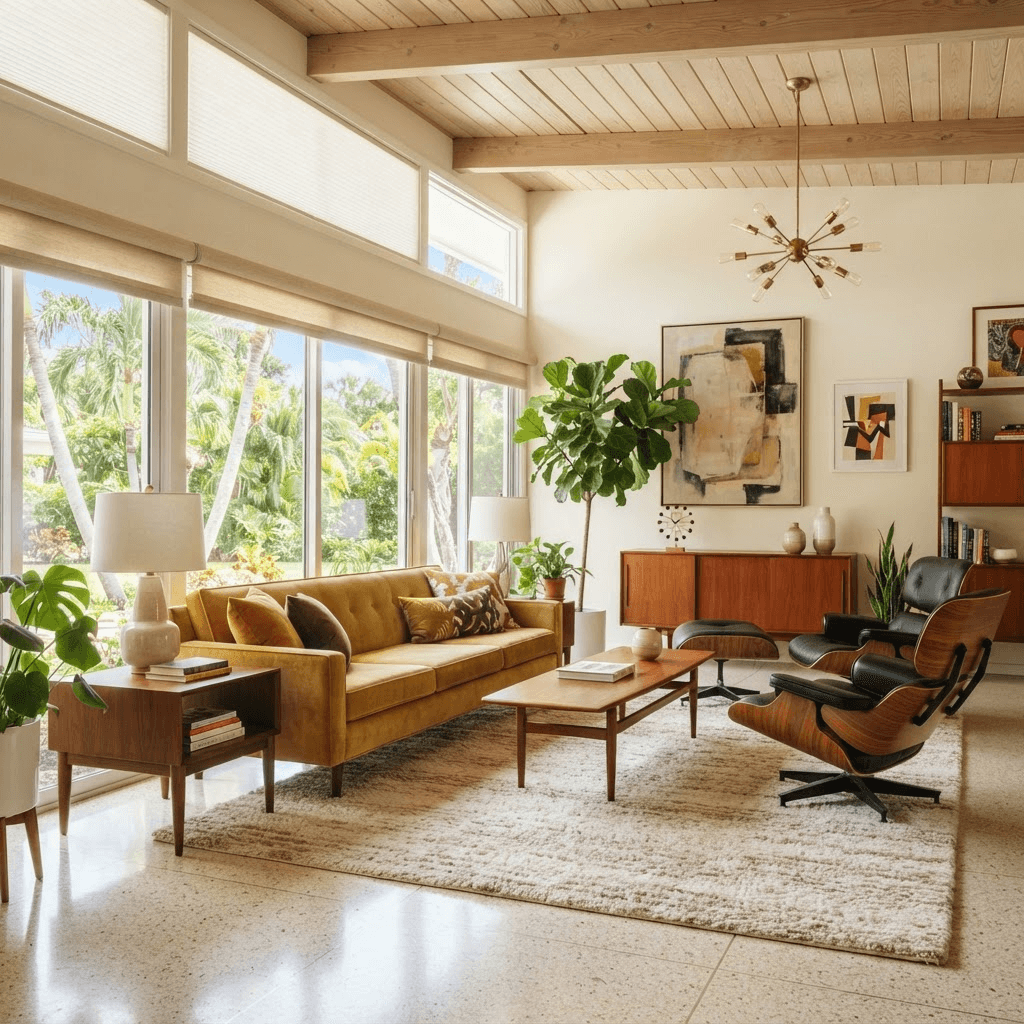 Mid-century modern ranch living room in Arlington Park, Sarasota, with wide windows dressed in simple roller shades and cellular shades