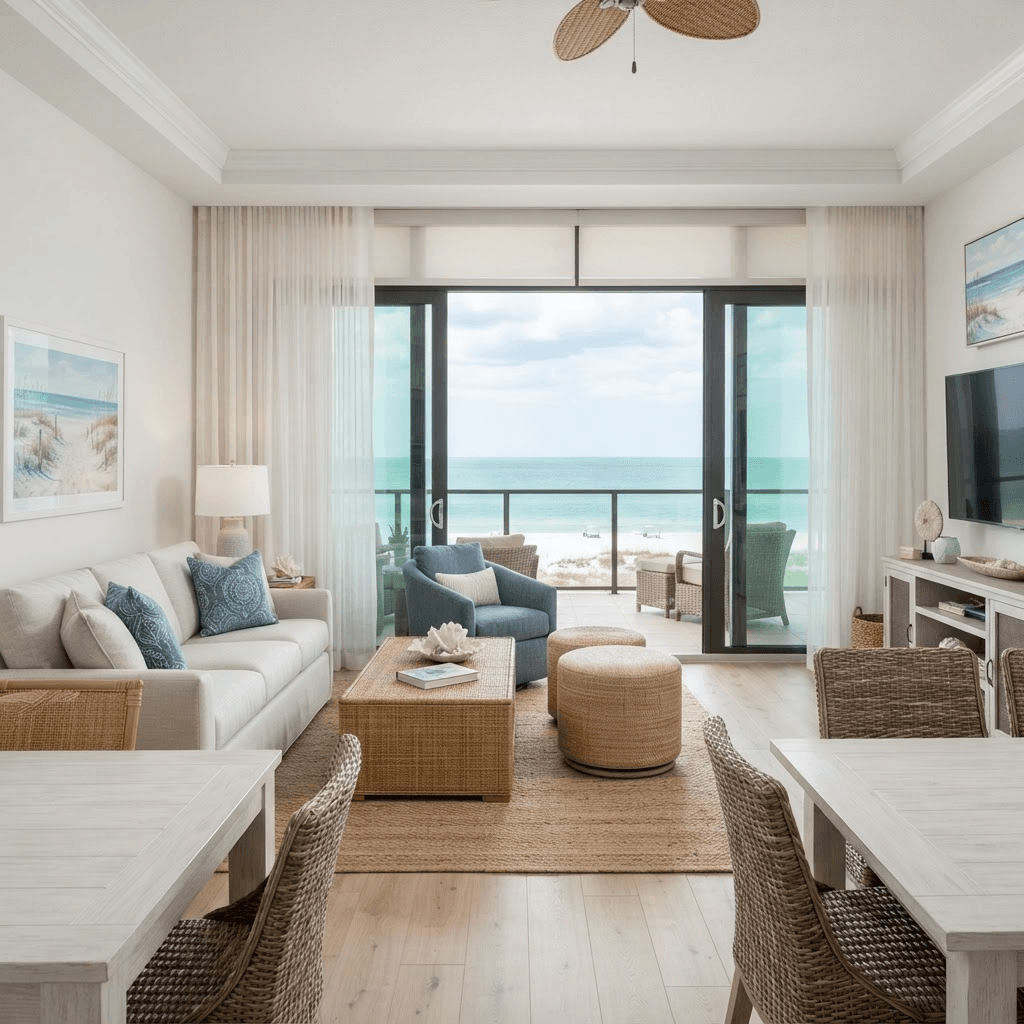 Resort-style Gulf-front condominium living room at Beachplace on Longboat Key with sliding glass doors to a balcony with beach and Gulf views, dressed in solar roller shades and vertical sheer shades