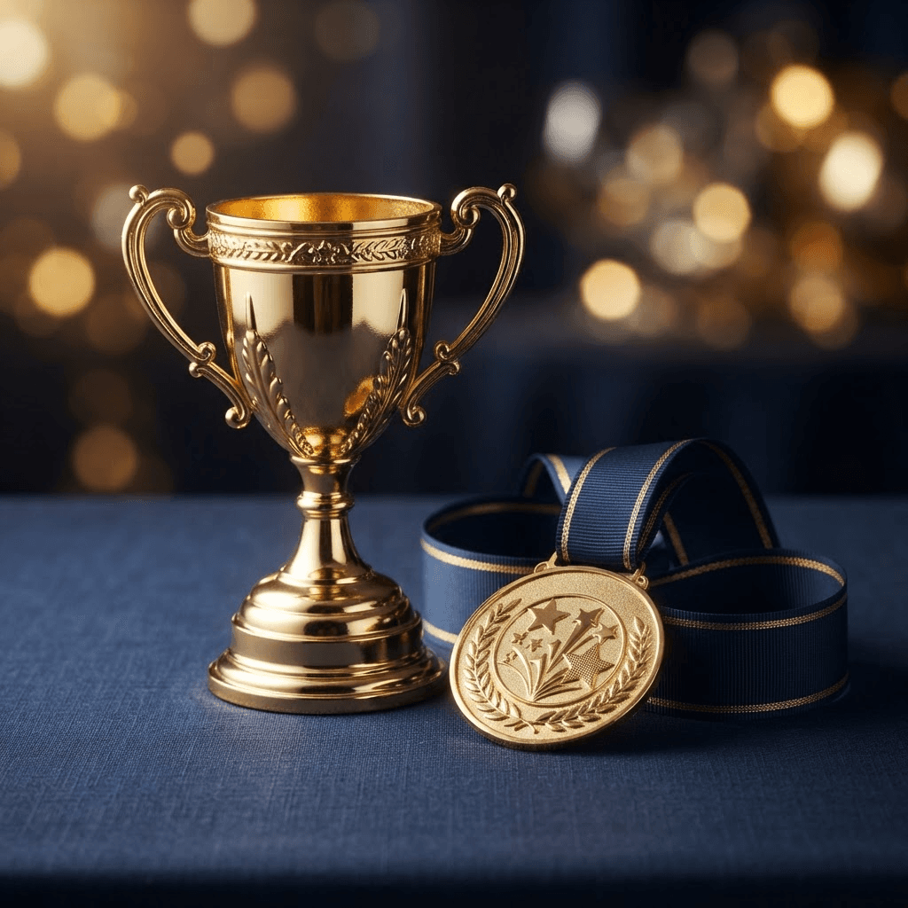Gold award trophy and winner medal on a navy background celebrating a Best of SRQ Gold win
