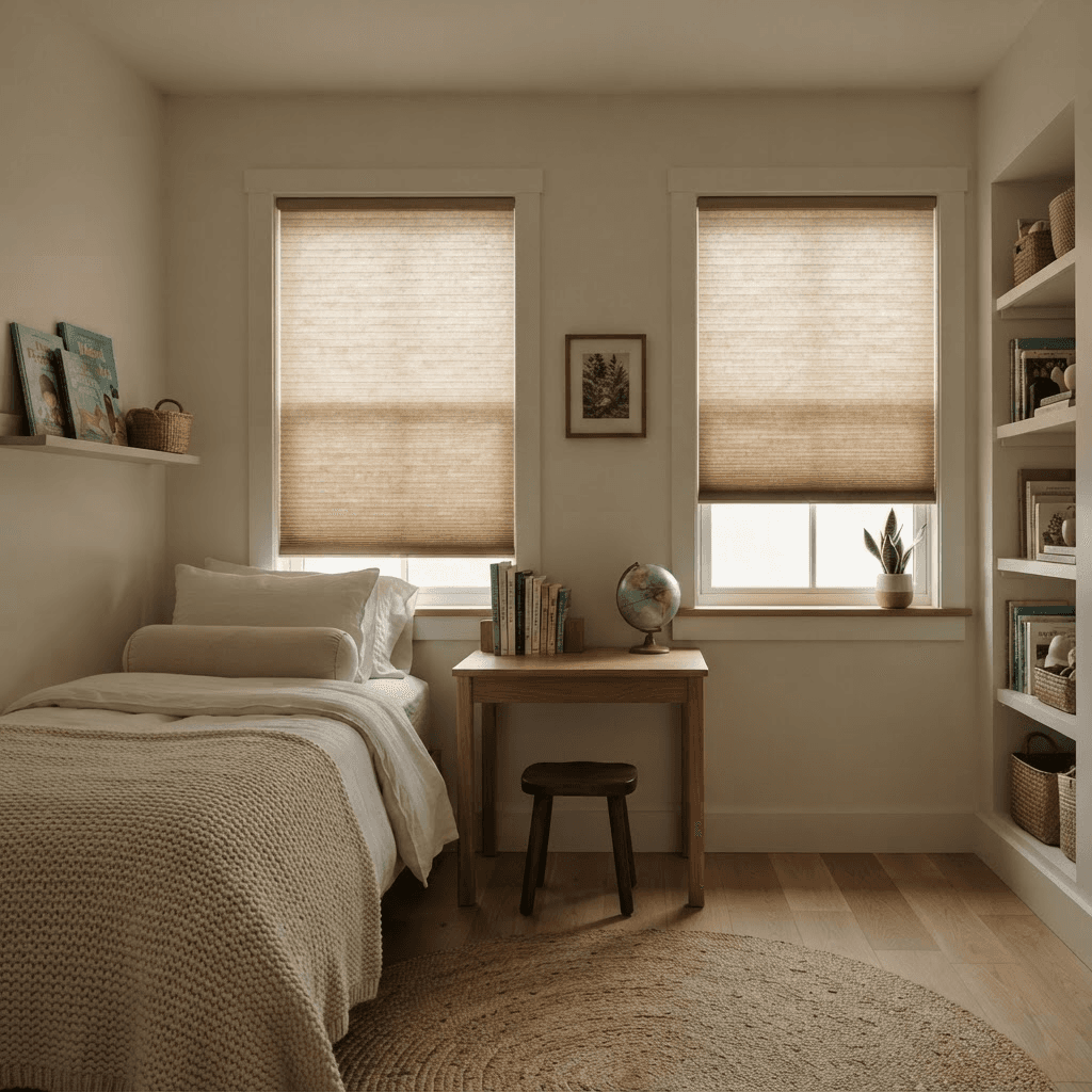 Calm tidy school-age child bedroom with room-darkening cellular shades lowered and soft restful morning light