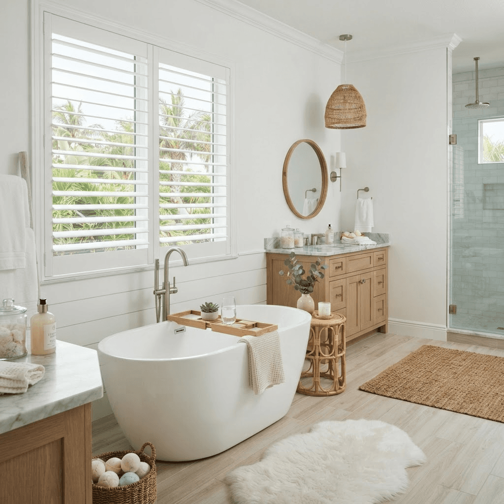 Bright spa-like Florida bathroom with a freestanding tub beside a window fitted with white faux-wood plantation shutters
