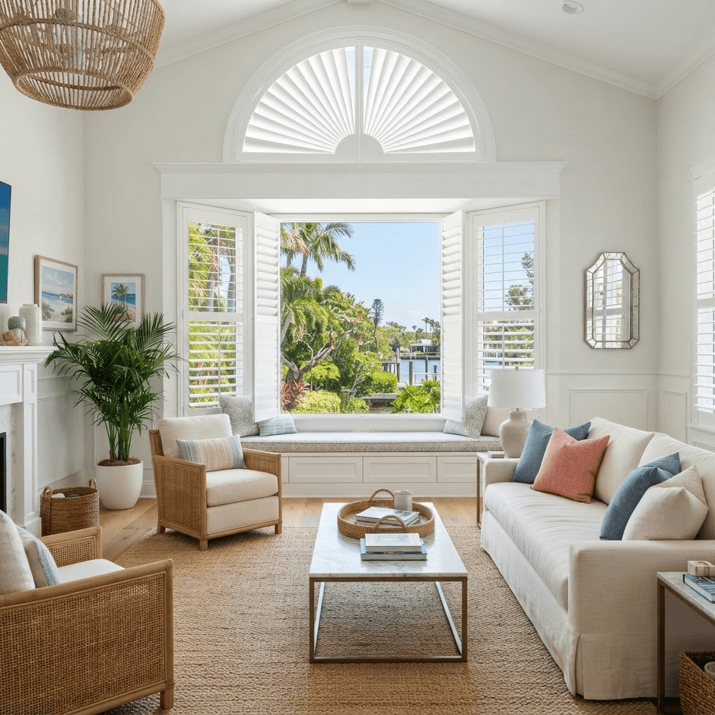 Florida living room with a bay window and arched transom dressed in custom white plantation shutters