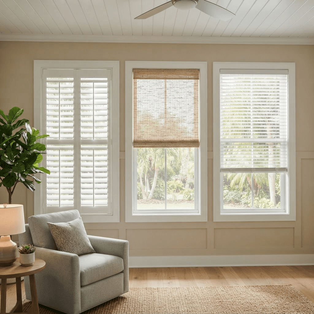 Three adjacent Florida windows showing plantation shutters, a woven roller shade, and horizontal blinds side by side