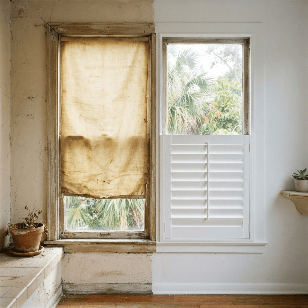 A crisp new white shutter beside an older faded, yellowed shade showing age from Florida sun exposure