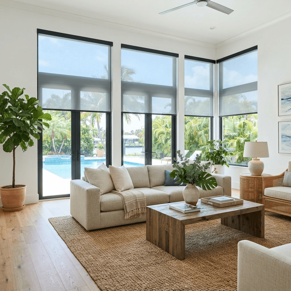 Bright airy Florida living room on a hot afternoon with modern solar roller shades softening intense sunlight into a cool comfortable glow