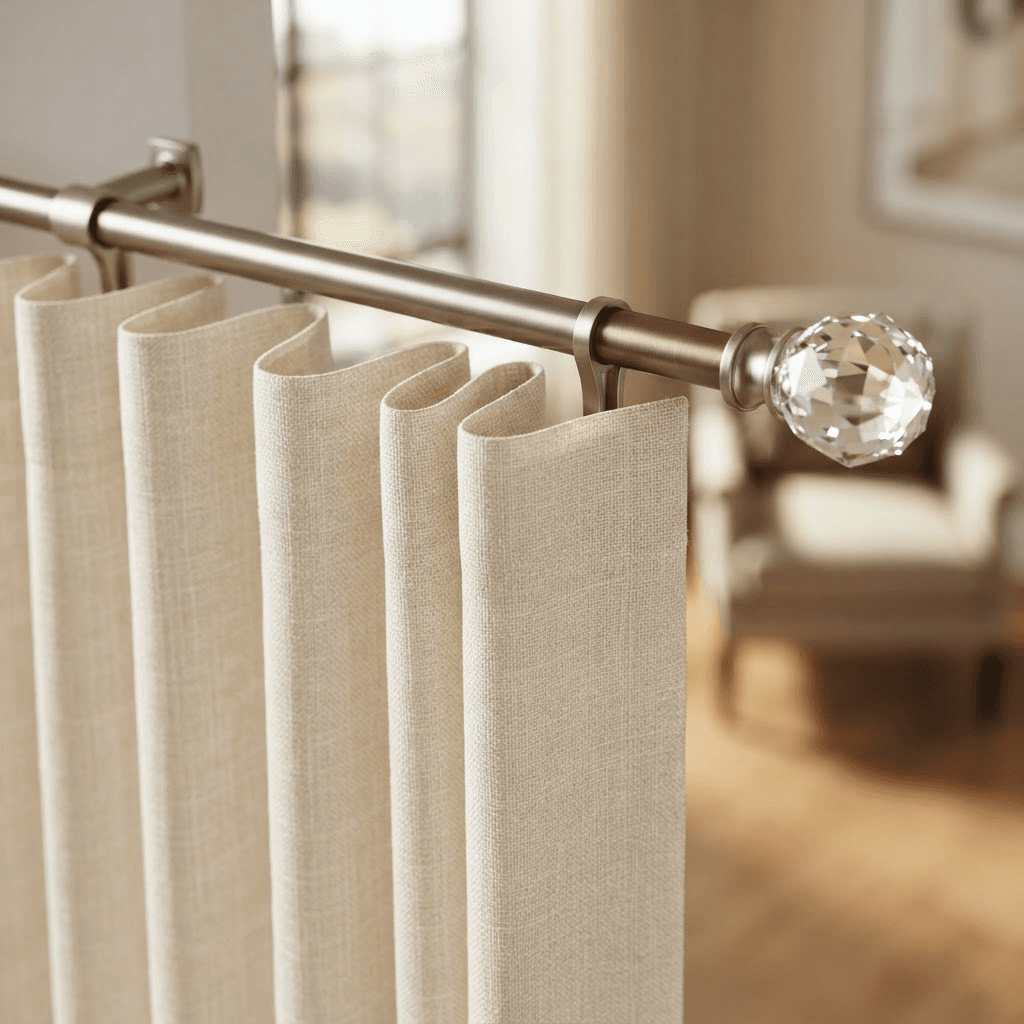 Close-up of a slender satin-nickel and bronze motorized drapery rod with ripplefold drapery and a decorative crystal finial catching the light