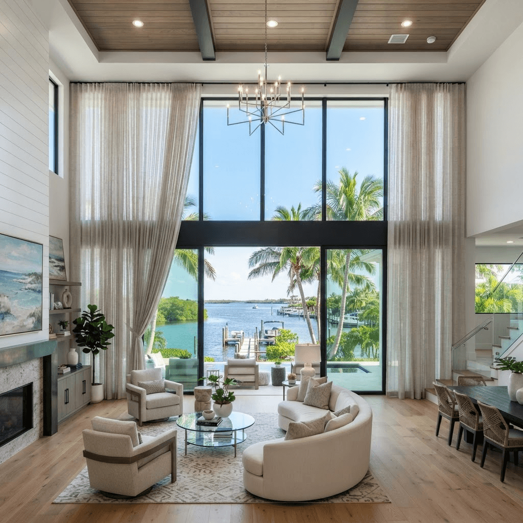 Grand double-height great room with full-height motorized ripplefold drapery spanning a wide wall of glass on a single slender track, overlooking palms and water