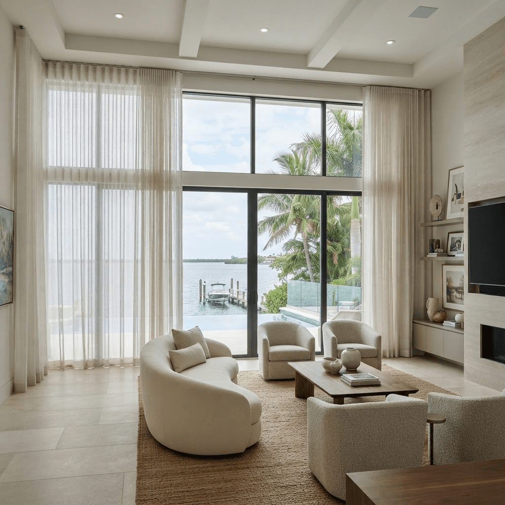 Full-height sheer ripplefold drapery hanging in even waves from a slender, exposed motorized drapery track along a wall of floor-to-ceiling windows in a modern Sarasota living room