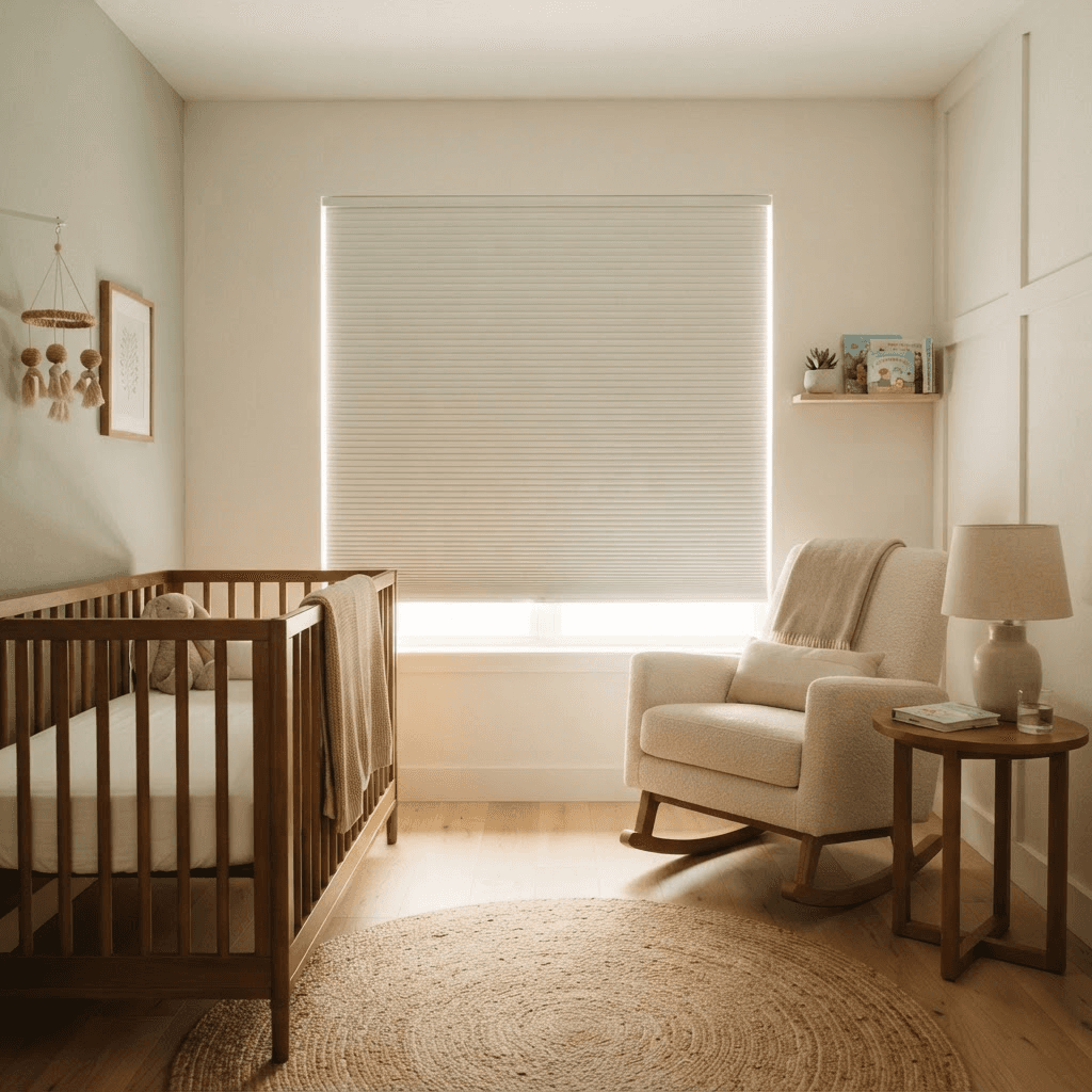 Softly lit Florida nursery with a crib and cordless room-darkening cellular shades lowered on the window