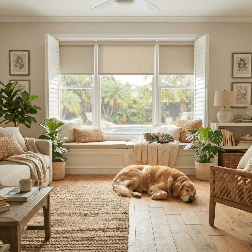 Sunlit Florida living room with a dog and cat resting near a window fitted with cordless shutters and durable roller shades
