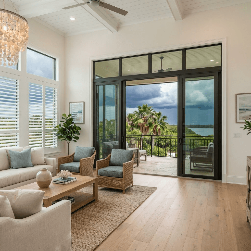 Bright Southwest Florida coastal home interior with impact-rated windows and sliding glass doors under a gathering late-summer storm sky