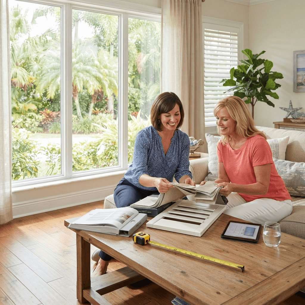 A friendly design consultant showing shutter and fabric samples to a homeowner beside a sunlit window in a Florida home