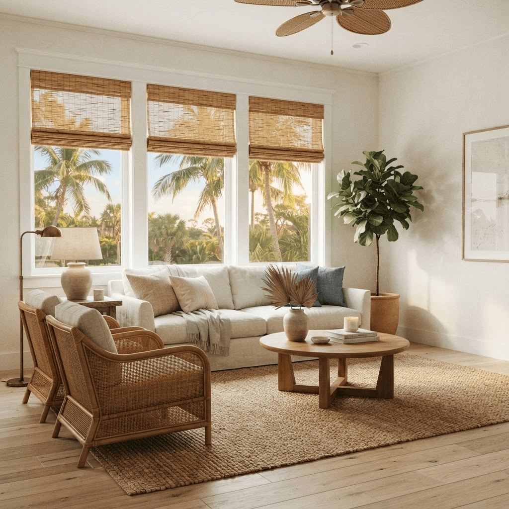 Sunlit coastal Florida living room with warm natural woven wood shades partially raised over large windows