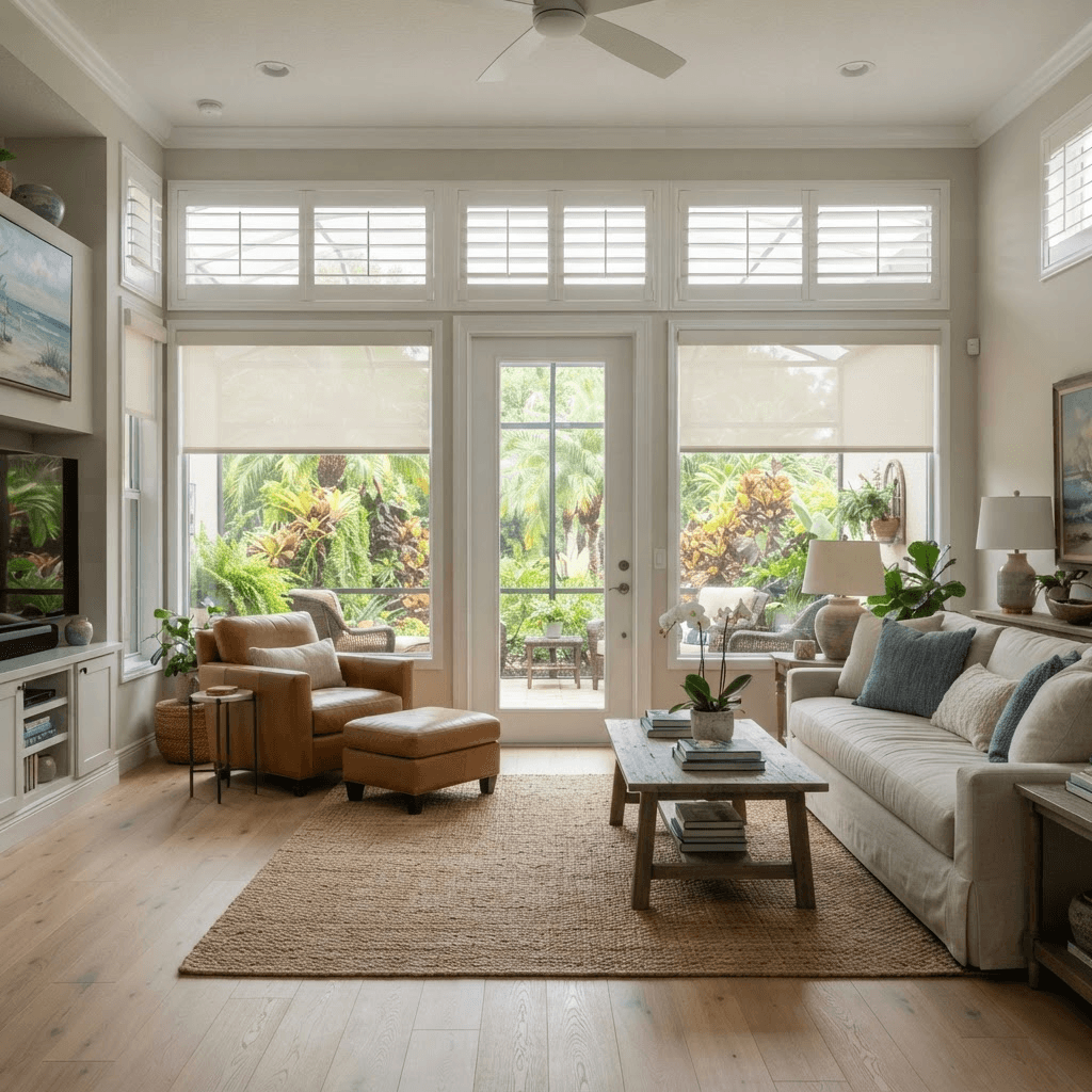 Light-filled living area in a Botanica coach home on Palmer Ranch with a glass door to a garden-view lanai, dressed in plantation shutters and roller shades