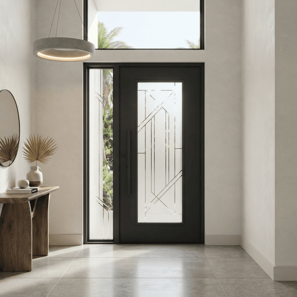 Sleek matte-black modern entry door with an ODL geometric decorative glass insert and a slim sidelight in an upscale Florida foyer