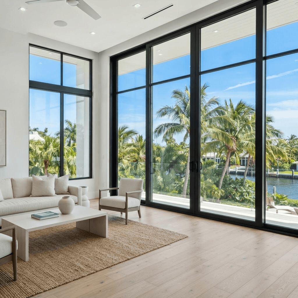 Floor-to-ceiling black-framed PGT hurricane impact windows and sliding doors overlooking a tropical Florida waterfront