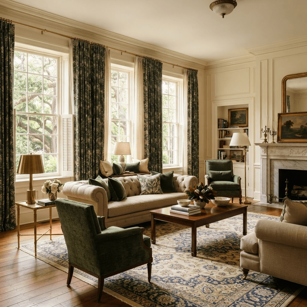 Elegant living room in a stately older Cherokee Park home in Sarasota with tall traditional windows, wood plantation shutters, and layered custom drapery