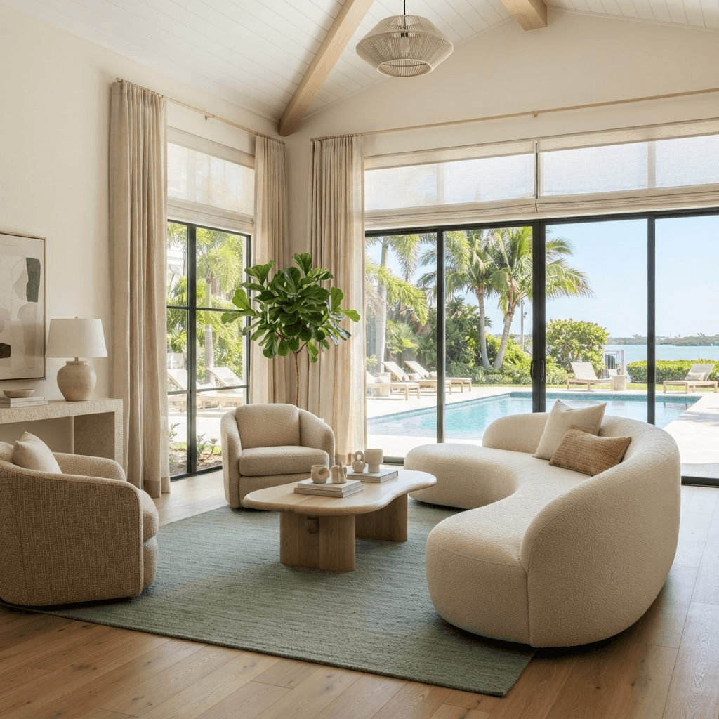 Bright 2026 coastal-modern Sarasota living room with linen roller shades and natural drapery over floor-to-ceiling windows overlooking a pool