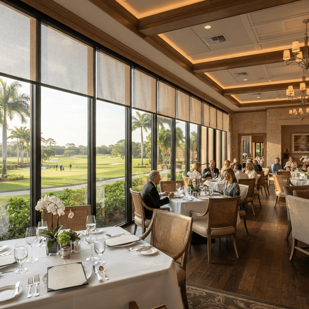 Elegant hospitality interior with coordinated drapery and blackout shades