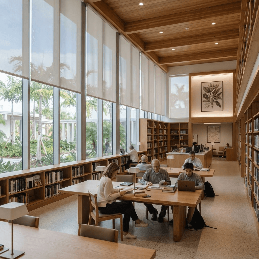 Bright library reading room with solar roller shades protecting books and materials from UV