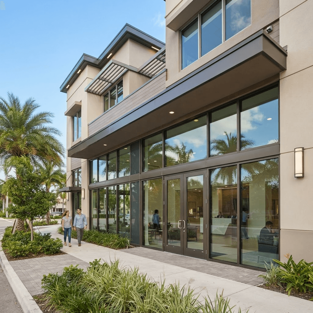 Commercial building storefront with impact-rated glass windows and aluminum-framed glass entry doors installed by Sarasota Window Blinds