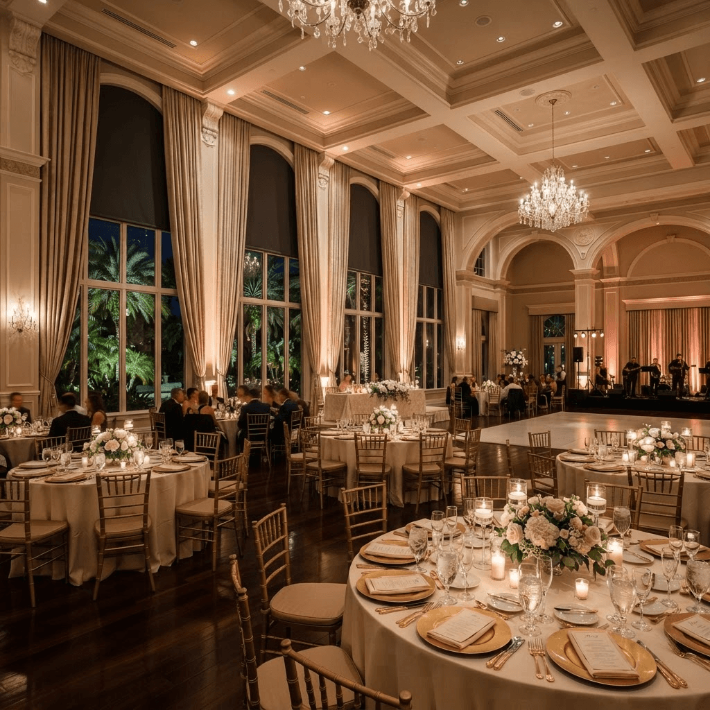 Elegant event and wedding ballroom with floor-length drapery and blackout shades for dimming