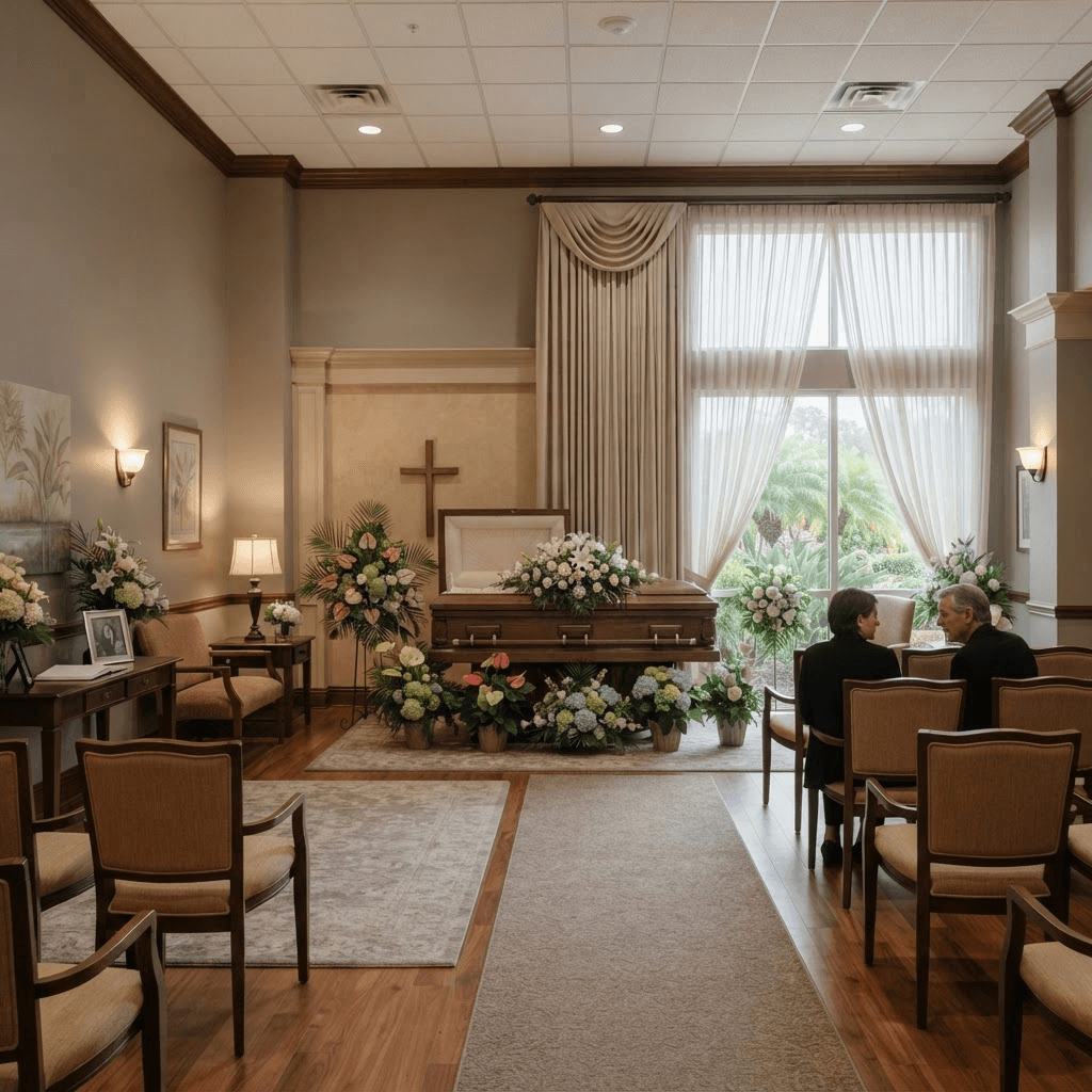 Dignified funeral home visitation room with soft diffused light through sheer shades and layered drapery