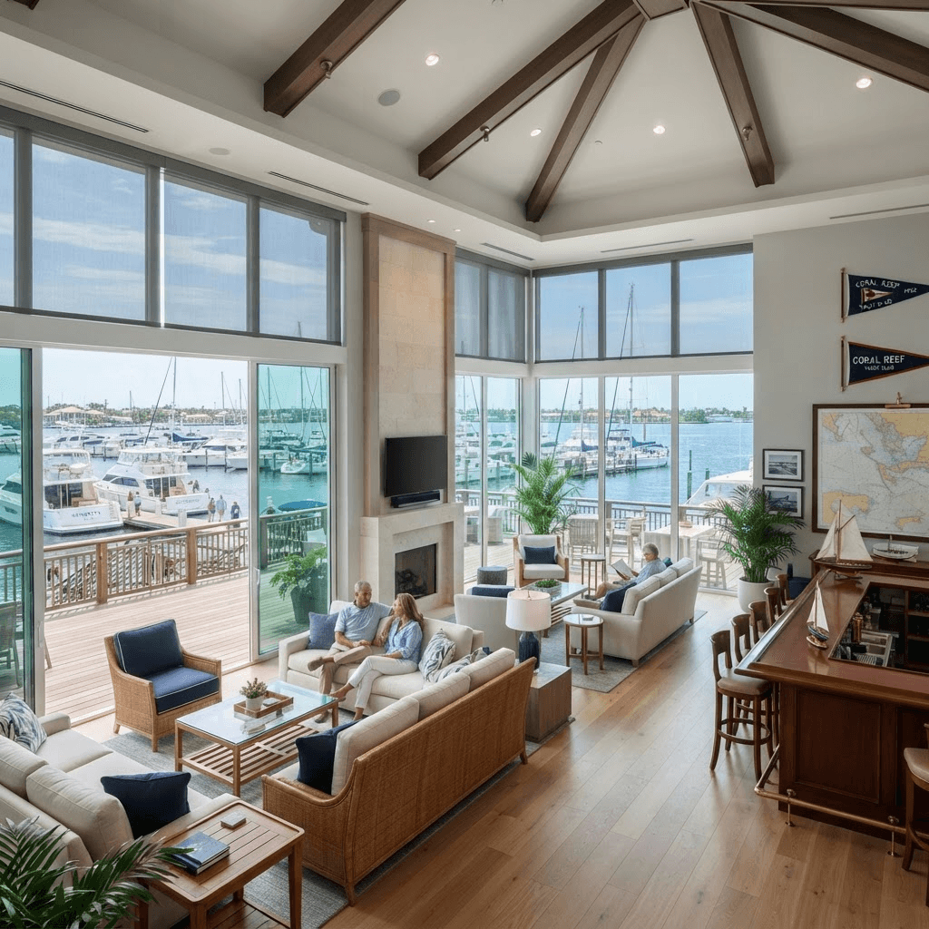 Yacht club clubhouse with large windows overlooking docked boats and water, with commercial solar shades cutting glare