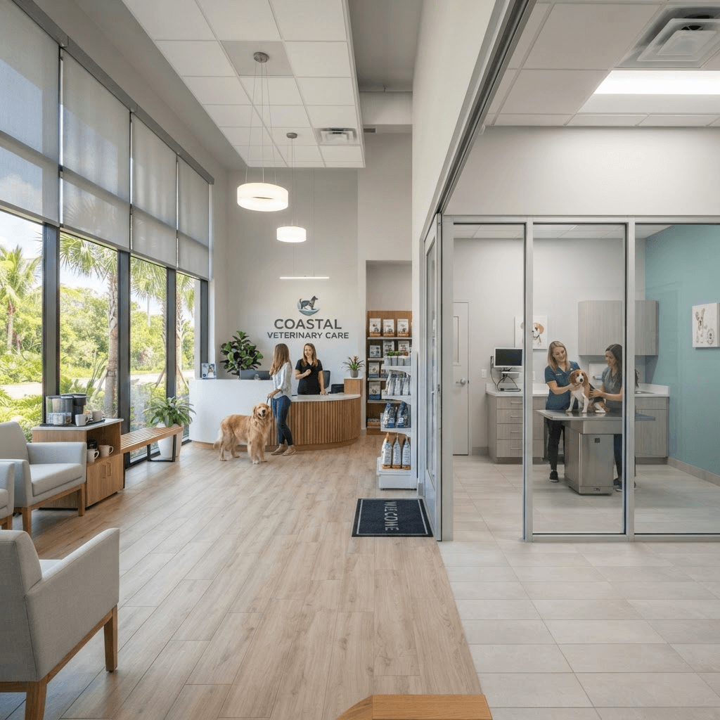 Modern veterinary clinic lobby and exam area with easy-clean roller shades controlling glare