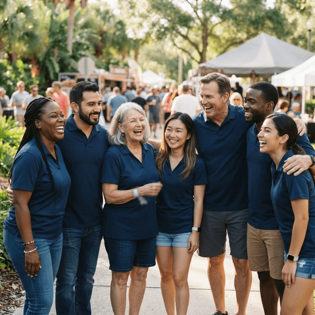 Local community volunteers gathered together at a charity event in the Sarasota area on a sunny day