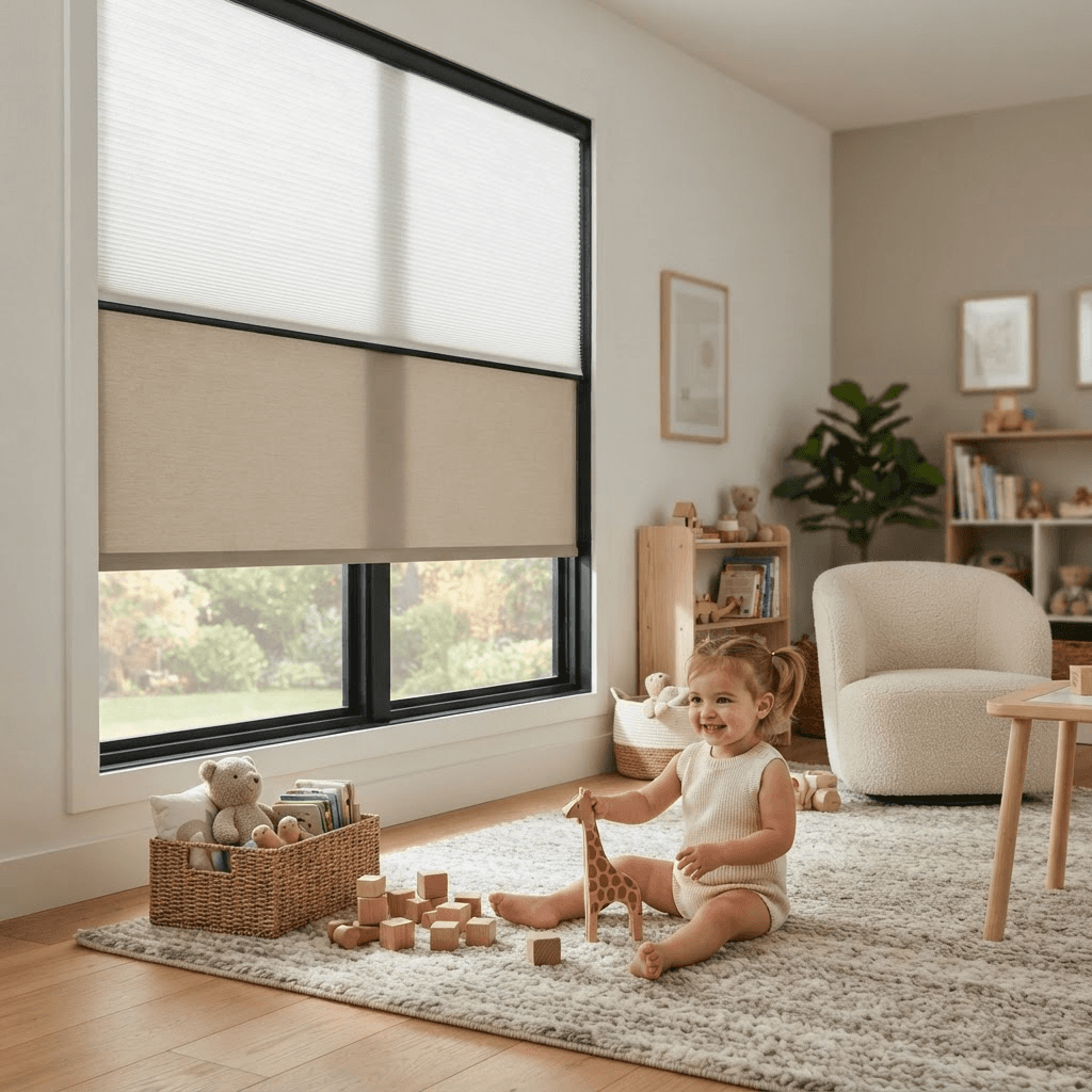 A toddler playing safely near a large window fitted with cordless roller and cellular shades with no visible cords