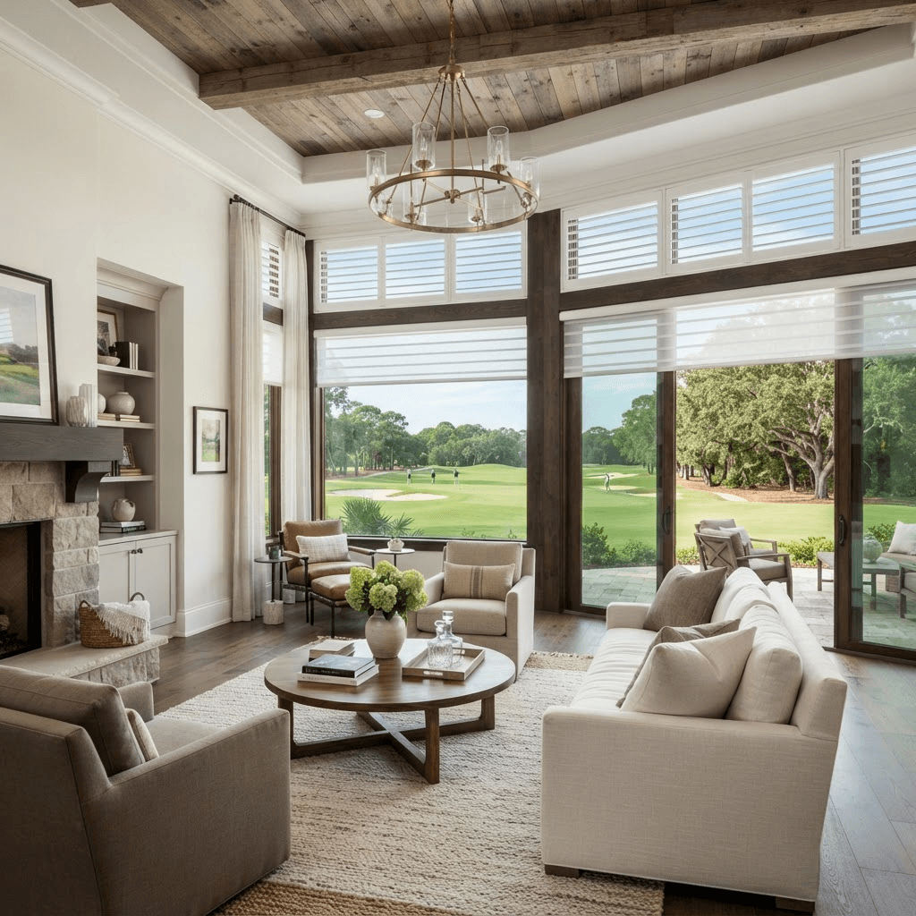 Custom home living room in The Country Club of Sarasota with large windows facing a golf fairway, dressed in plantation shutters and layered solar shades
