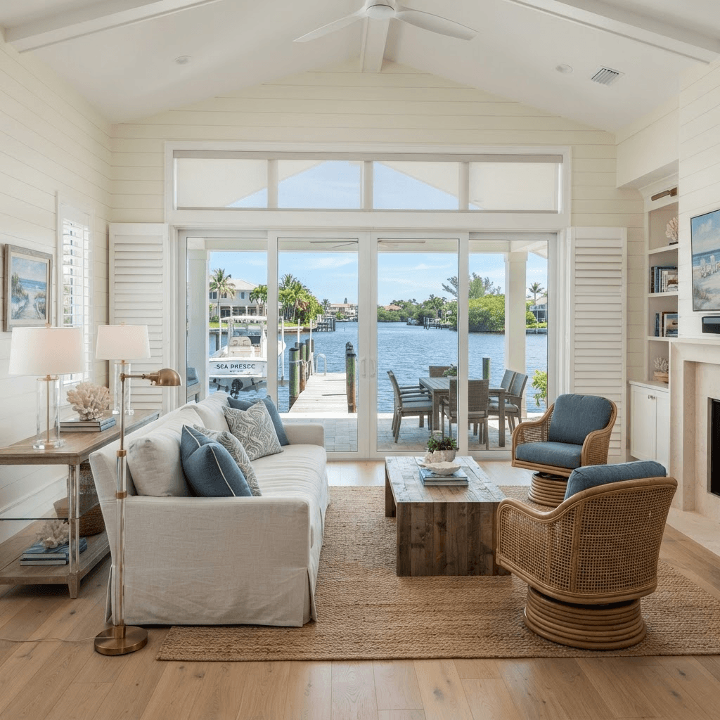 Waterfront single-story home in Country Club Shores, Longboat Key, with wide windows and sliders overlooking a deep-water canal and boat dock, dressed in solar roller shades and plantation shutters