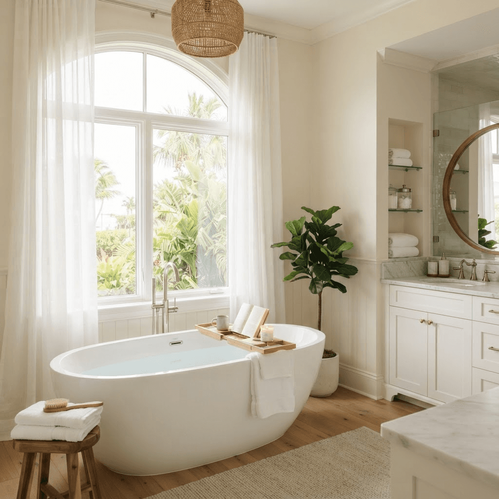 Sheer white drapery filtering light beside a freestanding tub in a bright spa-like bathroom