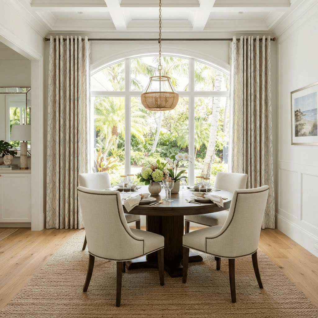 Grommet-top patterned drapery panels framing a wide window in a refined Florida dining room