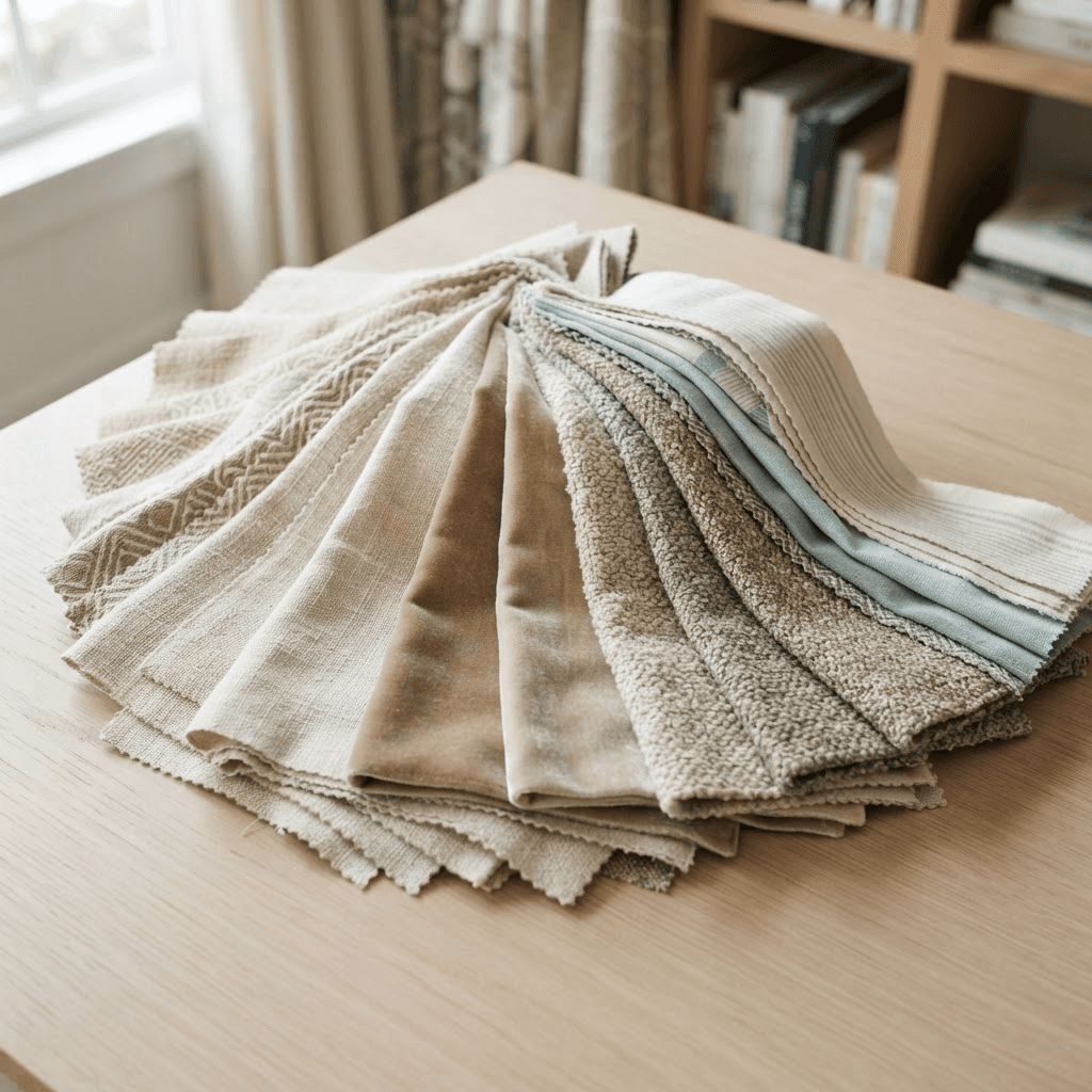 Designer drapery fabric swatches in linen, velvet, and woven textures fanned across a light surface in warm neutral and coastal tones
