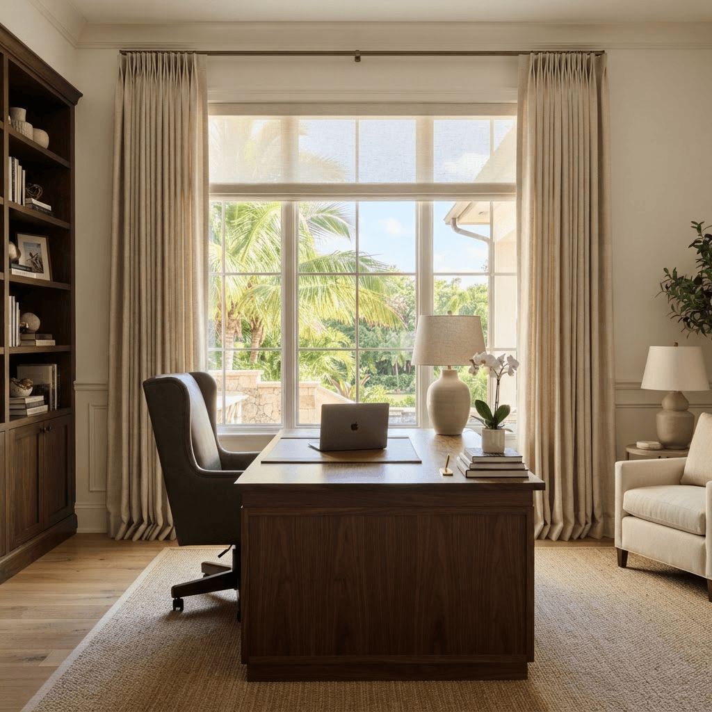Neutral linen drapery panels over a light-filtering roller shade behind a wooden desk in a home office