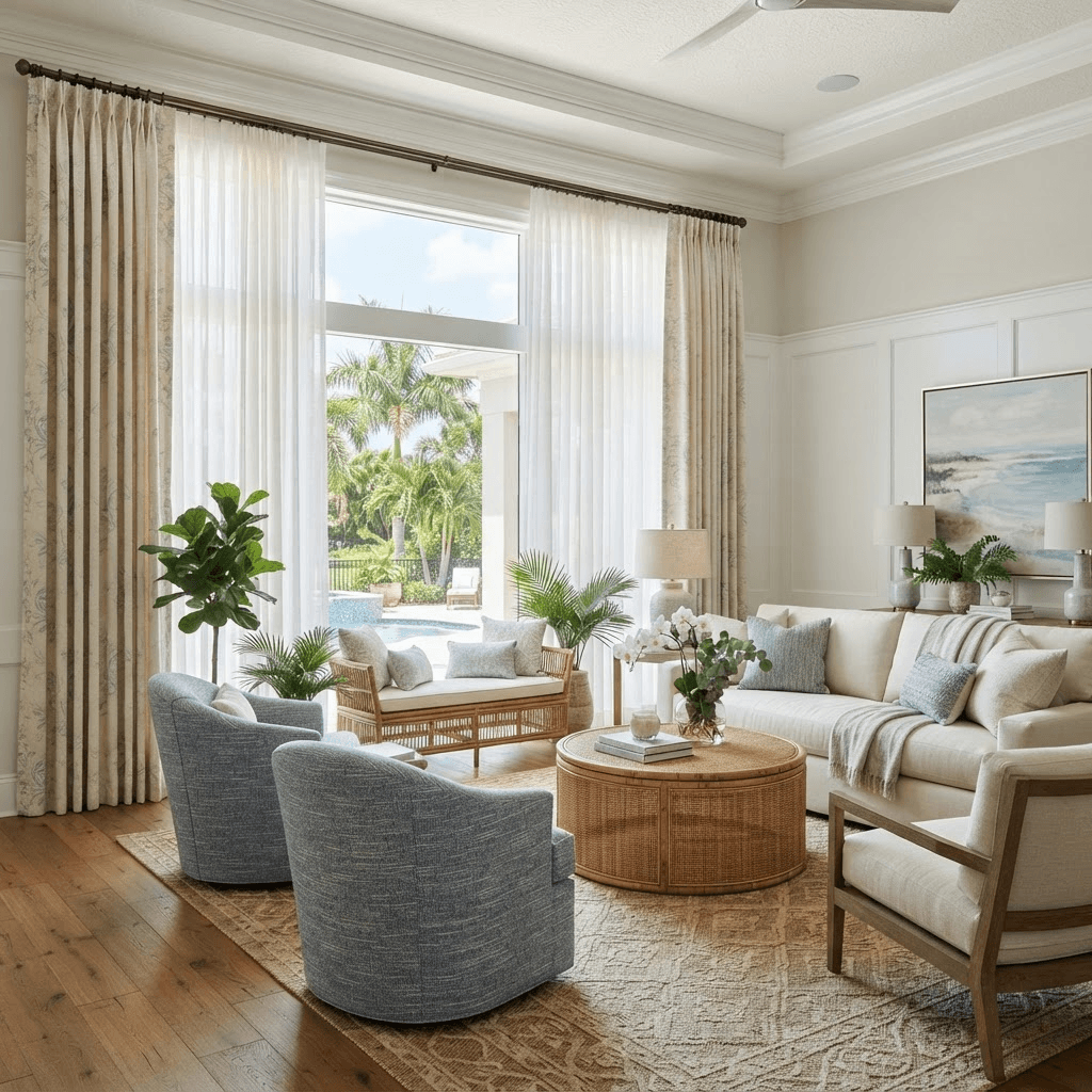 Sheer drapery panels layered behind heavier decorative side panels framing a sunlit living-room window