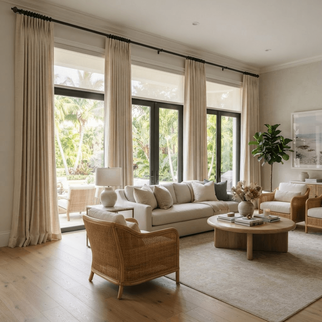 Ivory pinch-pleat drapery panels framing tall living-room windows in an elegant Sarasota home