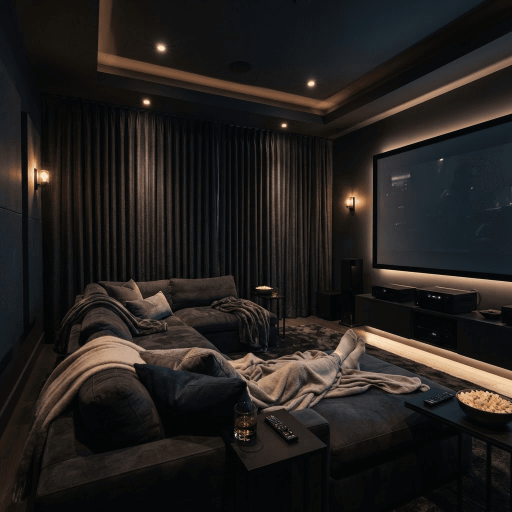 Deep charcoal blackout-lined drapery drawn across a window in a cozy dark media and theater room