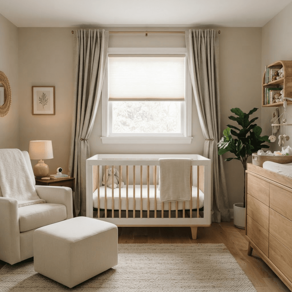 Soft greige blackout-lined drapery over a cordless shade framing a nursery window