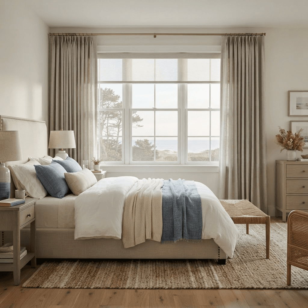 Full-length greige blackout-lined drapery flanking a bedroom window over a light-filtering shade