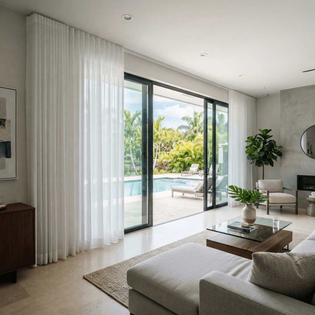 White ripplefold drapery gliding across a wall of sliding glass doors overlooking a pool
