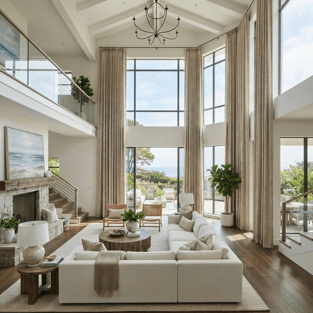 Dramatic extra-long drapery panels dressing soaring two-story great-room windows