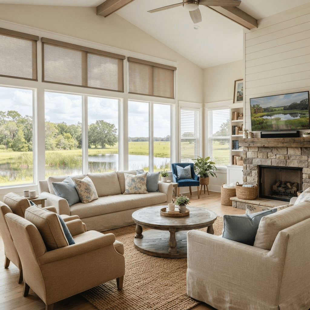 Living room in a large-lot acreage home in the Foxbrook community near Parrish and Myakka City with big windows overlooking a pond and open green space, dressed in faux-wood blinds and roller shades