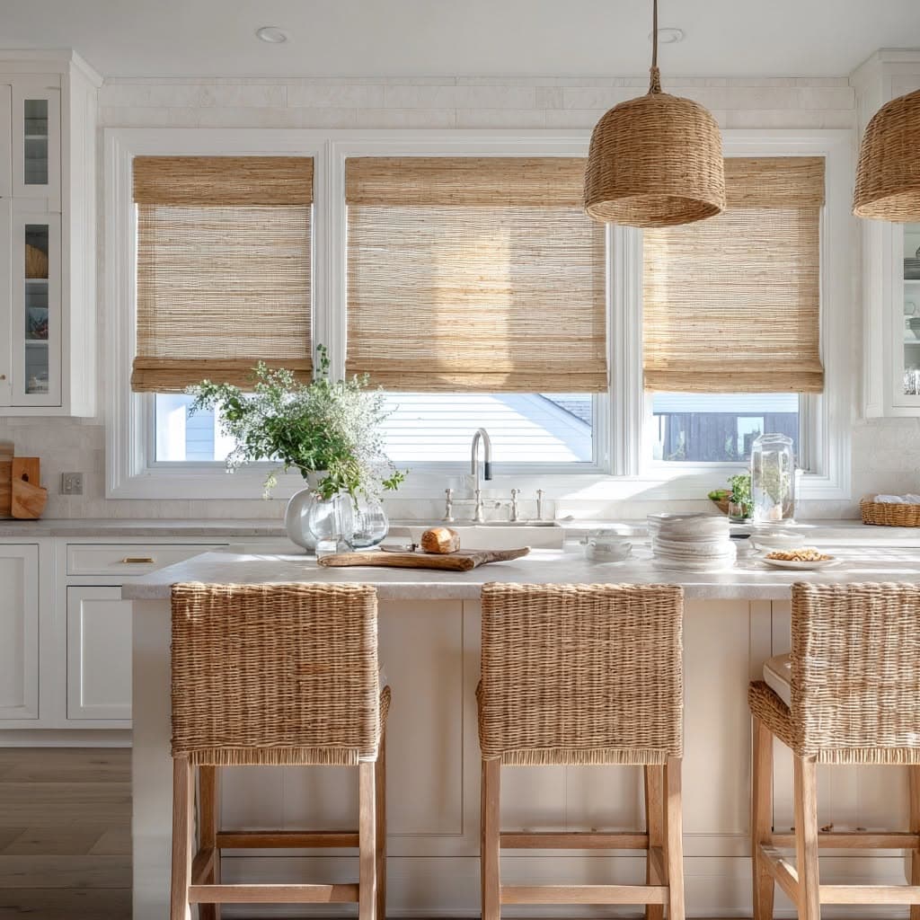 Luxury great room with custom white plantation shutters framing tall coastal windows — product style example for Ellenton homes