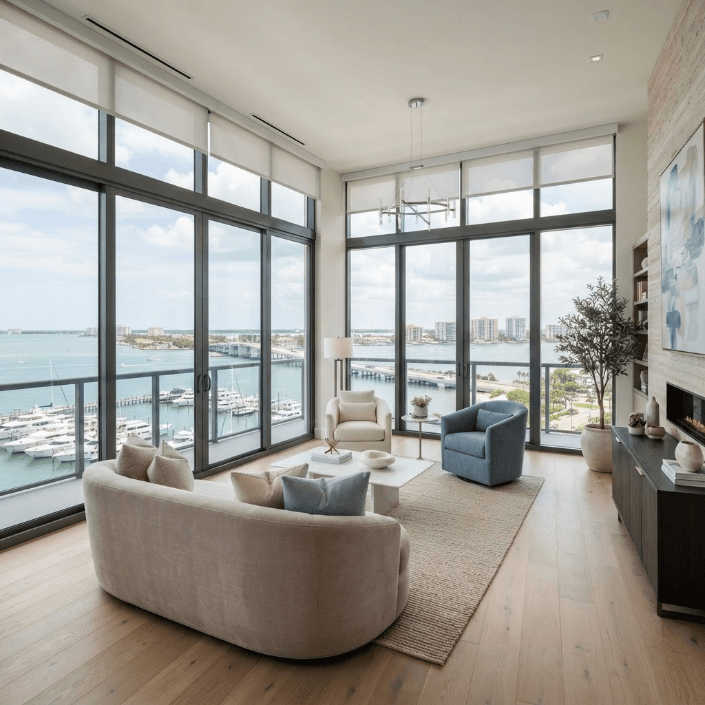 Luxury high-rise condominium living room on Golden Gate Point with floor-to-ceiling windows overlooking Sarasota Bay and the marina, dressed in motorized sheer roller shades