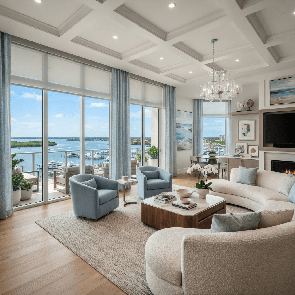 Luxury mid-rise condominium living room in Grand Bay within gated Bay Isles on Longboat Key, with floor-to-ceiling windows overlooking Sarasota Bay and a marina, dressed in motorized solar roller shades and custom drapery