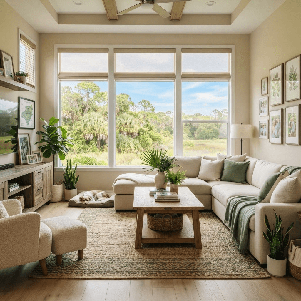 Comfortable family home living room in the Greenbrook village of Lakewood Ranch with wide windows overlooking a preserve, dressed in faux-wood blinds and roller shades